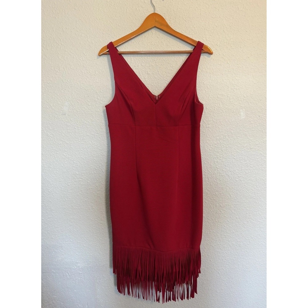 Adrianna Papell Women's Red Fringe-Trim Sheath Dress V Neck Size 8 Flapper Dress